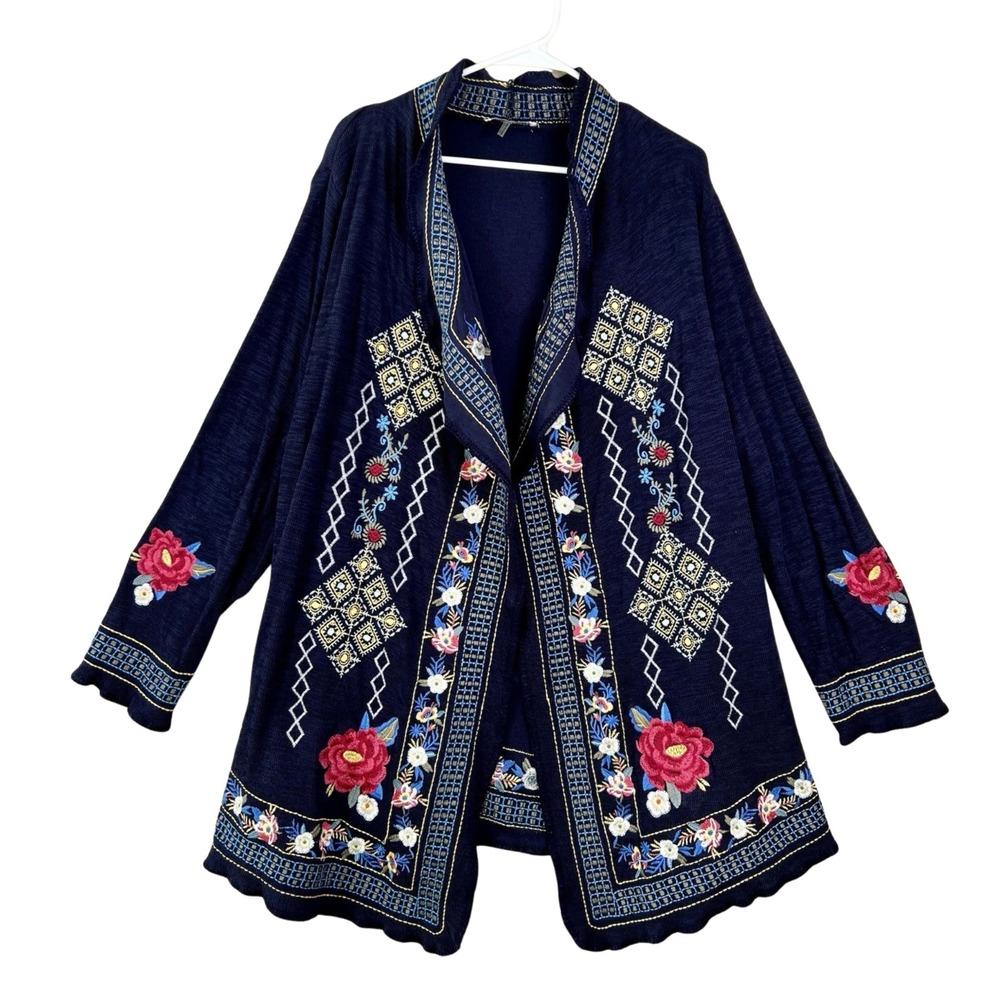Southwestern‎ Cardigan Sweater Size 2X Floral Embroidered Floral Boho Open Long